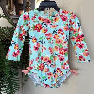 Ruffle Butts Blue Red Floral Long Sleeve One Piece Swimsuit Rashguard Bathing